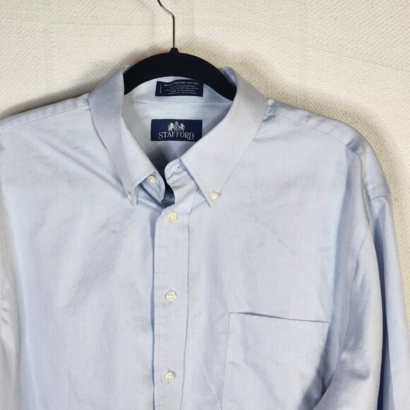 Stafford Light Blue Cotton Poly LS Micro Pinpoint Oxford Dress Shirt Sz 17 32-33 - Picture 4 of 16